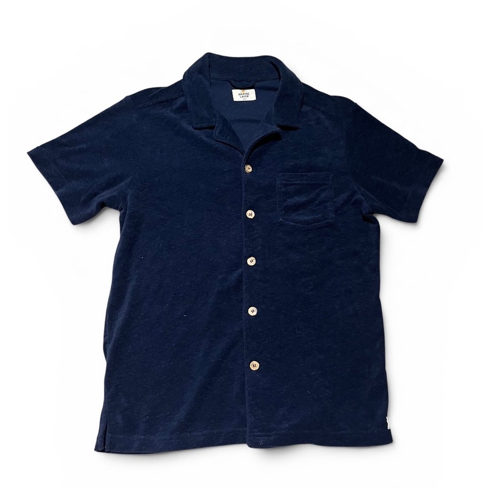 Marine Layer Navy Blue Terry Cloth Camp Shirt Mens Small Short Sleeve Button Up